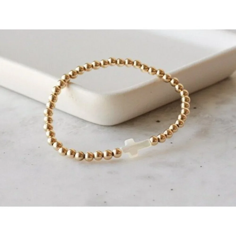 Matching Bracelet set Pearl Cross Non-Tarnish Gold Beaded Mommy & Me Matching